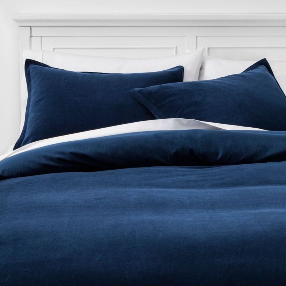 Full/Queen Solid Velvet Duvet Cover & Sham Set Navy - Threshold